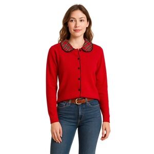 TALBOTS VTG 90's Preppy Red Wool Angora Cardigan Tartan Plaid Collar Size S